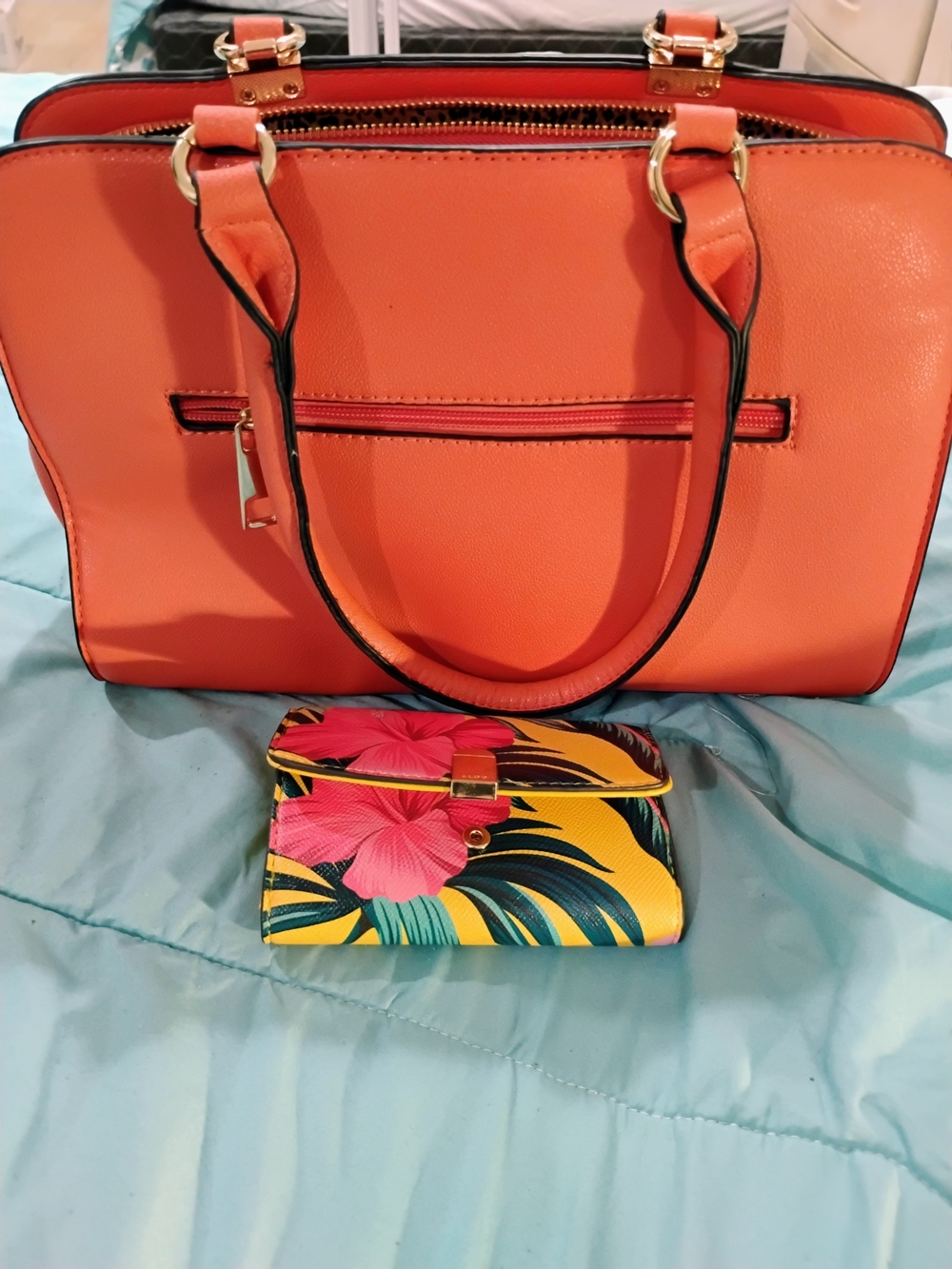 Aldo Coral Orange Structured Tote with Tropical Floral Wallet